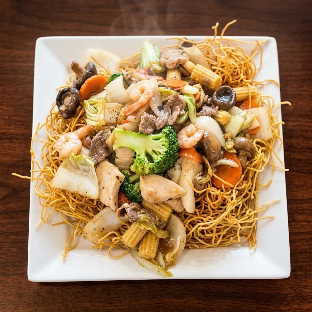 Bird's Nest — crispy egg noodles with chicken, beef and shrimp at Bun's House Restaurant in Saskatoon