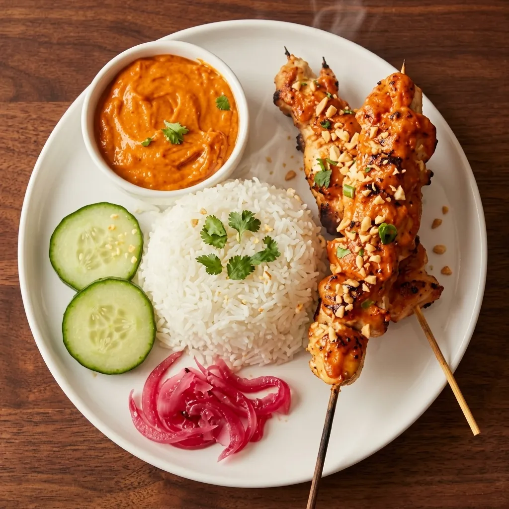 Chicken satay with rice at Bun's House Restaurant in Saskatoon
